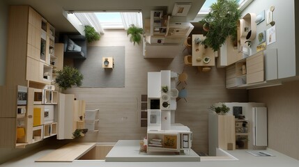 Bright interior boasts light wood textures soft lighting atmosphere. AI generated.