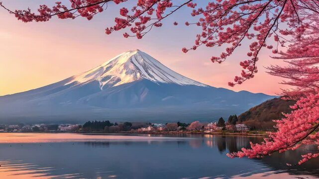 Snow capped mount fuji with cherry blossoms and lake kawaguchiko at sunset in japan scenery view