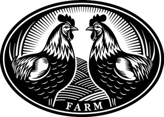 Fototapeta premium Farm Fresh Roosters Black and White Vintage Illustration