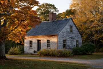 Obraz premium A weathered gray Cape Cod cottage with a central chimney surrounded by autumn foliage captured during golden hour