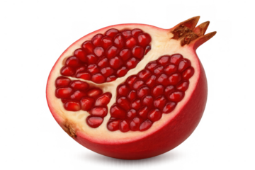 Half of a ripe pomegranate fruit revealing juicy red seeds, isolated against a transparent background for a fresh and vibrant look