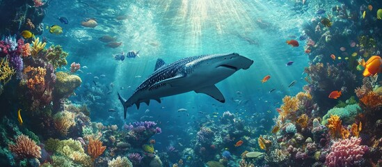 Fototapeta premium Oceanic shark amidst vibrant coral reef