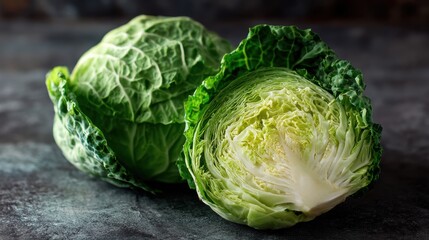 Obraz premium Fresh, vibrant green cabbage cut in half, showcasing its crisp leaves and texture on a dark surface.