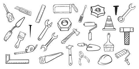 Collection of hand-drawn construction tools.