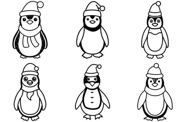 Set of six cute cartoon penguins wearing santa hats and scarves