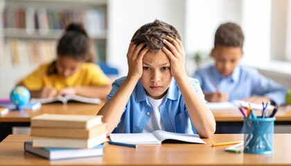 Frustrated boy holding head over homework at school desk