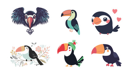 Obraz premium Adorable vector illustration of a cute toucan with colorful beak and simple stylized features, perfect for children's designs, educational materials, tropical wildlife themes, 