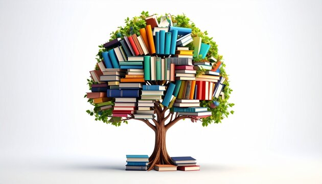 Tree of Knowledge, an imaginative depiction of a tree formed by books and school supplies, representing the growth of learning and education - Powered by Adobe