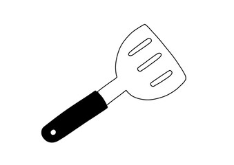 Slotted spatula line art illustration with a black handle. Minimalist kitchen utensil icon for cooking and food preparation designs