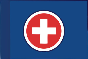 Obraz premium Blue Flag with Red Circle and White Cross Representing Medical Aid or Neutrality with a Textured Fabric Look and Blue Stripe on the Left