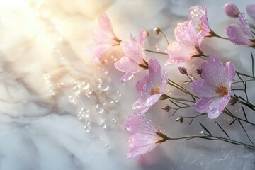 Delicate pink flowers with water droplets on marble background, bathed in sunlight.