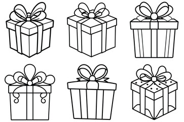 Set of six simple black and white line art gift boxes with bows