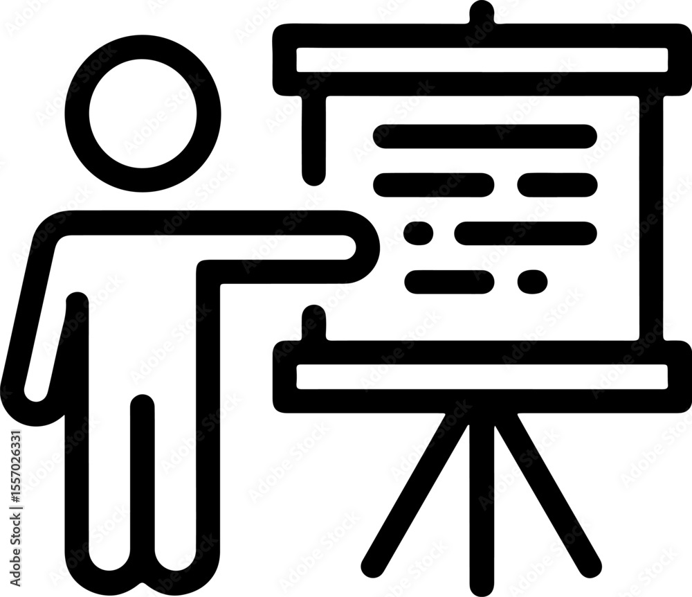 Poster person pointing to a presentation board with text and bullet points