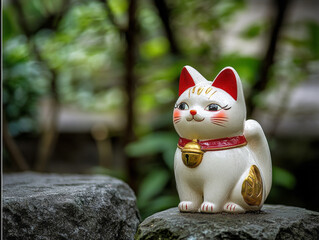 Traditional Japanese Maneki Neko Lucky Cat Figurine in a Garden Setting.