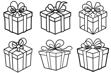Collection of six hand drawn isometric gift boxes with bows on a white background