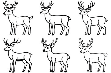 Collection of six stylized cartoon deer illustrations in black outline on a white background