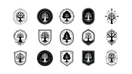 Vector art of a collection of sixteen unique tree logos isolated on white background, each with a distinct design and style