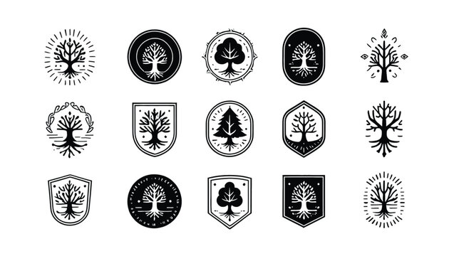 Vector art of a collection of sixteen unique tree logos isolated on white background, each with a distinct design and style