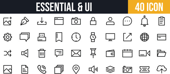Essential UI & Web Interface Icons set. Multimedia, Communication, Settings, Files, and Security icon set.