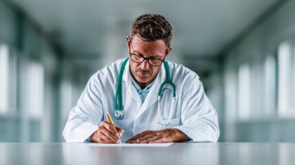An insightful image of a doctor writing notes in a clinical setting, illustrating the dedication and professionalism involved in the healthcare profession while conveying compassion.