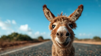 Obraz premium A close-up capture of an adorable donkey with a charming smile against a brilliant blue sky, embodying a sense of playfulness and connection with nature.