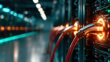 An advanced server room with glowing cables and ambient lighting, representing the future of technology and data management, crucial for modern digital infrastructure.