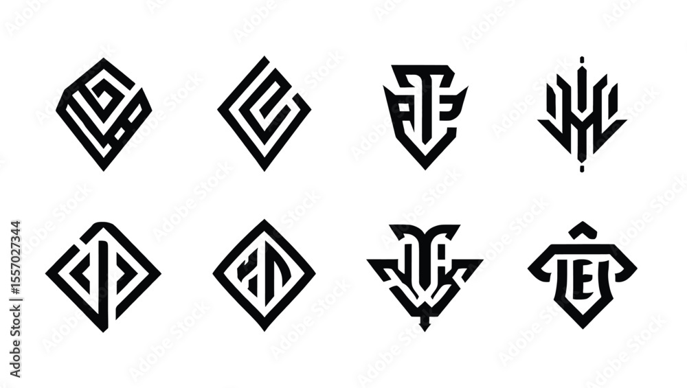 Fototapete vector art of a set of eight unique geometric logos isolated on white background, featuring bold lin