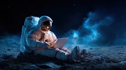 An astronaut sits on the moon's surface, engrossed in a laptop, symbolizing the adventurous spirit of exploration and the intersection of technology and space travel in a surreal setting.