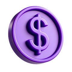 Purple Three Dimensional Dollar Coin Icon Symbol Isolated on a transparent background money violet