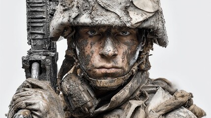 Fototapeta premium Close-up portrait of a soldier covered in mud, holding a rifle, intense expression, war, combat, military, battlefield