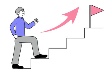 目標に向かって力強く一歩を踏み出す笑顔の男性の横顔イラスト