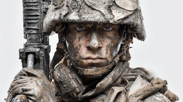 Close-up portrait of a soldier covered in mud, holding a rifle, intense expression, war, combat, military, battlefield