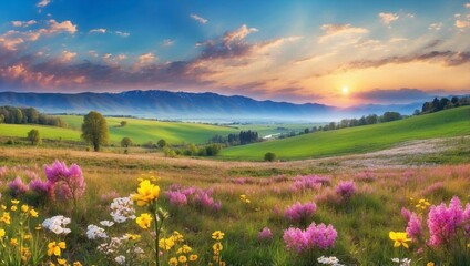 Colorful Flowers Blanket Rolling Green Fields