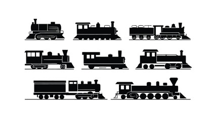 Obraz premium Vector art of a set of twelve vintage train silhouettes, isolated on white background, perfect for travel or transportation themed projects