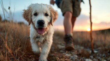 A joyful golden retriever puppy walks alongside its owner during a picturesque sunset, encapsulating the bond between pets and humans in nature's serene beauty.