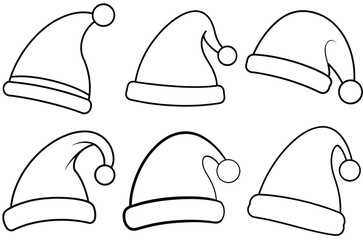 Fototapeta premium Collection of six simple black and white line art drawings of santa hats
