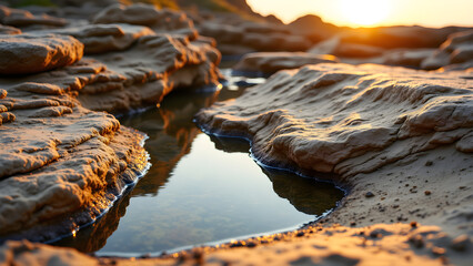 Coastal rock pools reflect golden light. Textured formations, tide pools, serene landscape. Natural beauty, tranquil scene.