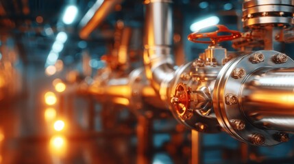 Fototapeta premium A close-up shot of shining metallic pipes and valves in a vibrant industrial setting, illustrating the intricate work and engineering behind modern infrastructures.