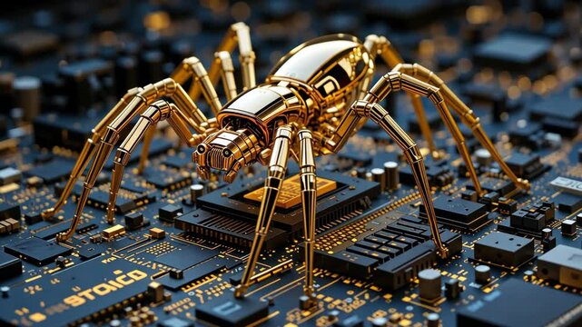 Golden mechanical spider standing on computer motherboard with electronic components and circuits under bright light. Concept of futuristic robotics and microtechnology