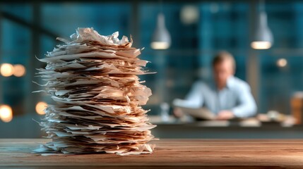 An overwhelming stack of disorganized papers on a wooden desk in an office environment, representing the challenges of productivity and organization in modern working life.