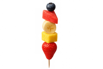 Vibrant fruit skewer displaying fresh, colorful berries and tropical slices, ready for summer entertaining with clean white background