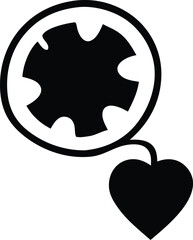 Abstract Black and White Design Featuring a Circular Shape with Indentations and a Heart Shape Connected by a Curved Line Simple and Minimalist