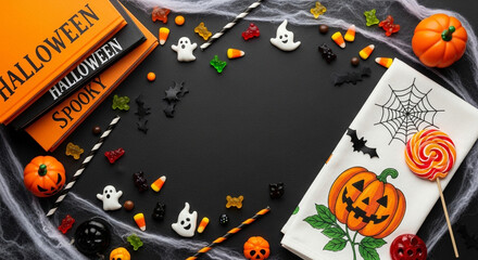 Halloween sweets and spooky books a playful festive flat lay scene