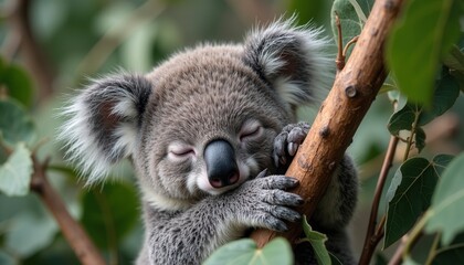 Fototapeta premium Koala peacefully sleeping on eucalyptus tree branch