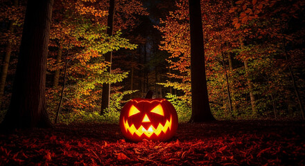 Jack o lantern in autumn forest Halloween celebration festive dark