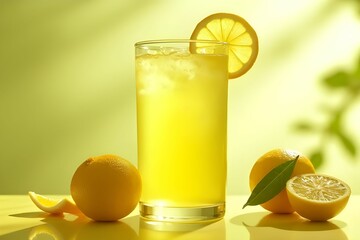 Iced lemonade in a glass with fresh yellow lemon. Beverage menu concept