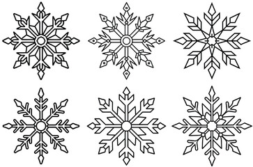 Six unique black outline snowflake designs on a white background