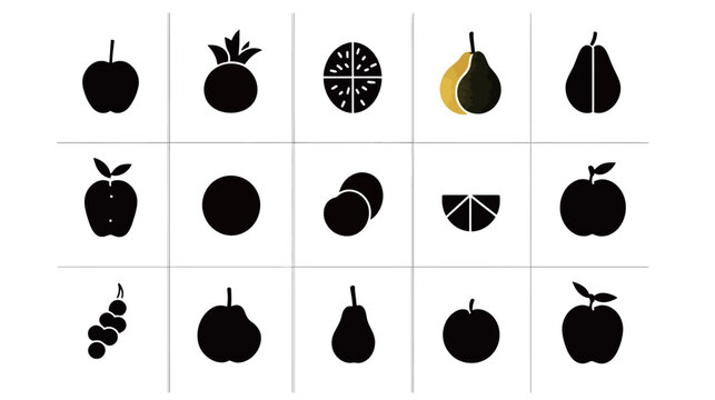 Minimalist black outline grid of different fruits, arranged in a clean and uniform square layout, featuring recognizable fruit shapes in simple line art style ideal for icons, nutrition infogr