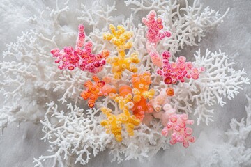 Fototapeta premium Vibrant coral-like structures in pink, orange, and yellow hues nestled amongst white coral branches.