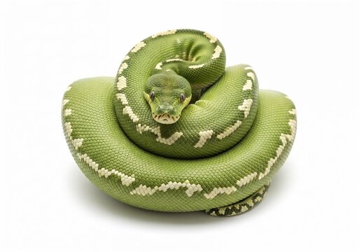 the green python curled up in a ring isolated